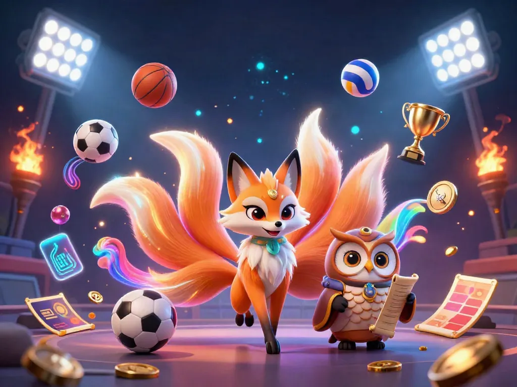 Experience the vibrant energy of JONITOGEL with a nine-tailed fox spirit amidst colorful casino elements.