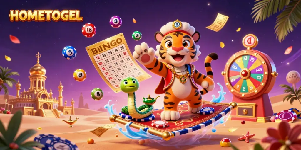 Experience thrilling prizes in HOMETOGEL's vibrant lottery scene featuring a cartoon tiger sultan and multi-colored balls.