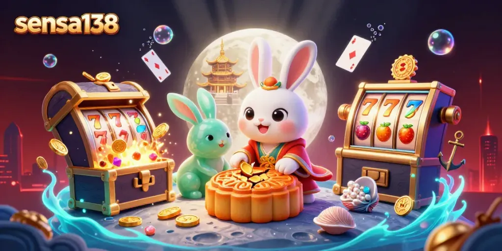 Sensa138 captivates with a lunar rabbit pounding mooncakes revealing poker chips, surrounded by rich casino-themed elements.