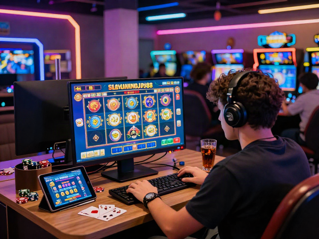 Exciting virtual gaming session playing Slot Gacor MAHJONGJP88 at a colorful online casino.