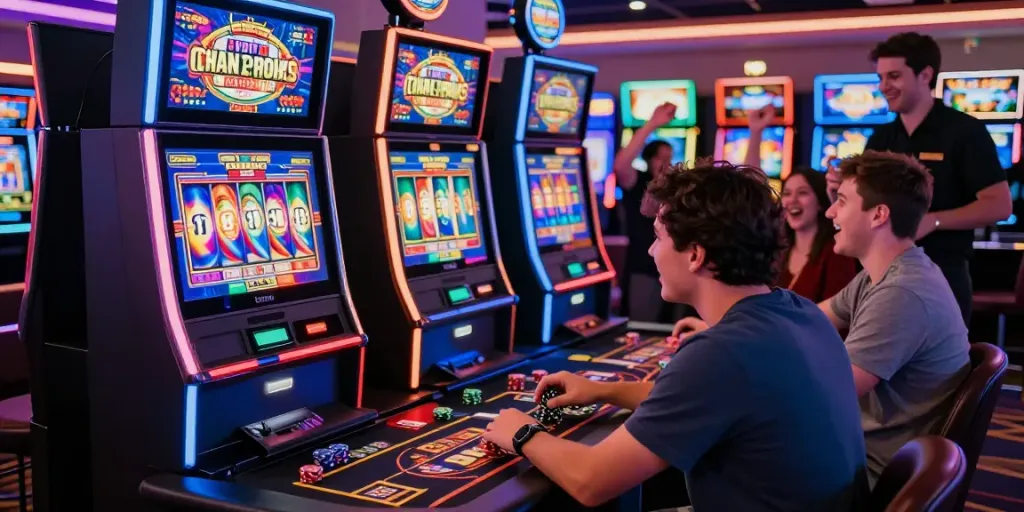 Pengalaman bermain sniperslot di kasino dengan pemain yang antusias dan mesin slot berwarna-warni.