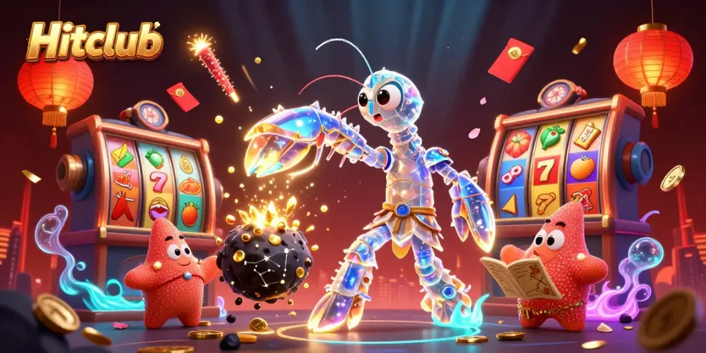 Engage in thrilling gameplay at Hitclub with vibrant slots, surrounded by fireworks and rich decor.