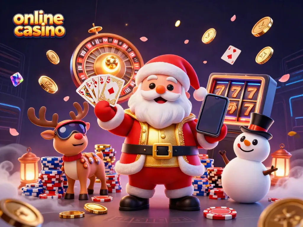 Santa Claus celebrates with jackpot slots at an online casino event featuring vibrant characters.