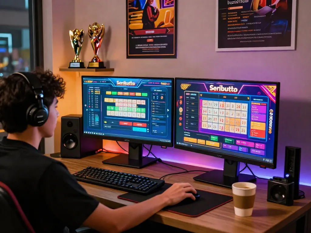 Engaging Seributoto online gaming experience with lottery results and colorful promotions on dual monitors