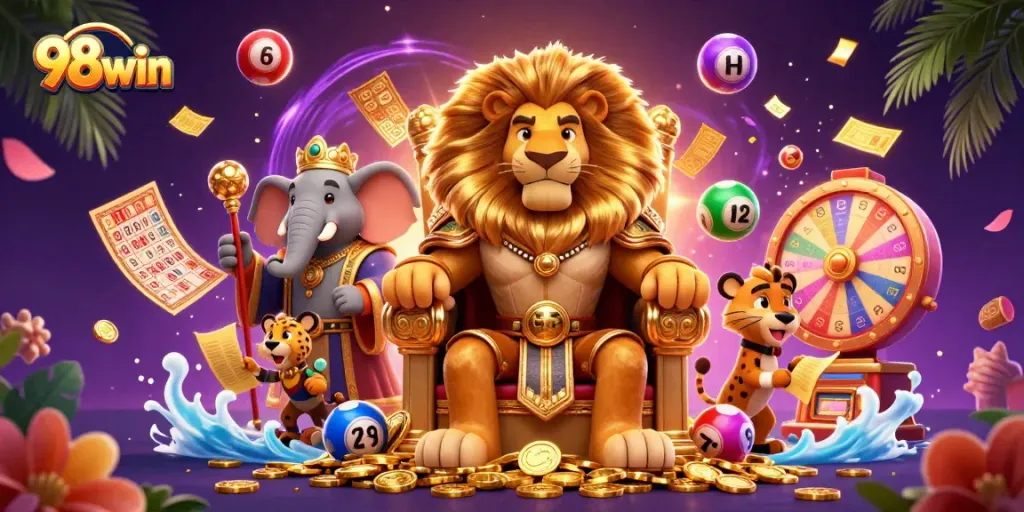 Experience top-tier gaming excitement at 98win with a vibrant 3D casino scene featuring dynamic lottery elements.