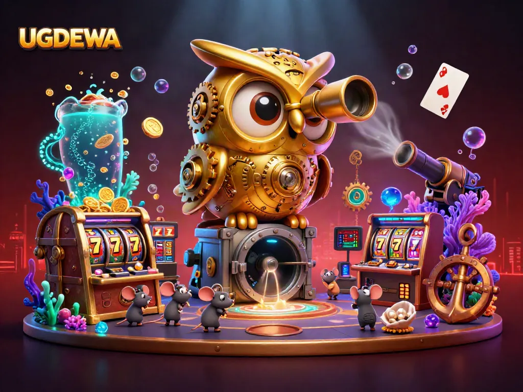 UGDEWA presents a dynamic gaming scene with a golden owl, slot machines, and vibrant casino elements.