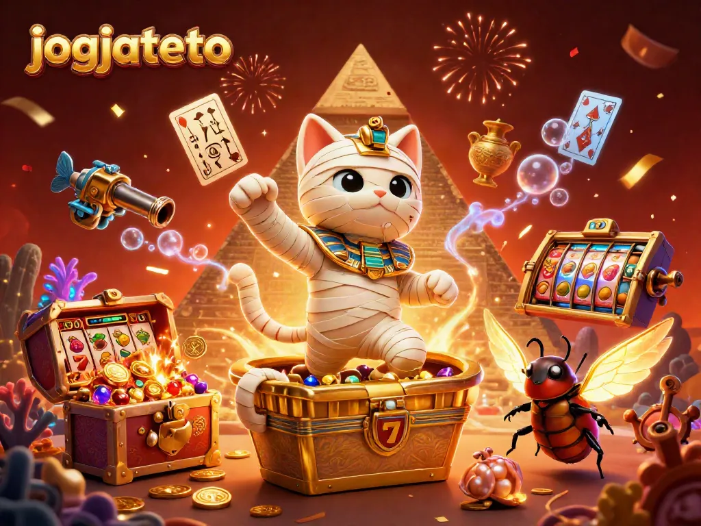 Experience the thrill of jogjatoto with vibrant casino elements featuring a 3D mummy and scarab