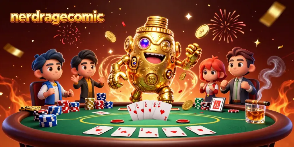 Nerdragecomic menggambarkan golem kuno berlapis koin emas dalam suasana kasino yang meriah.