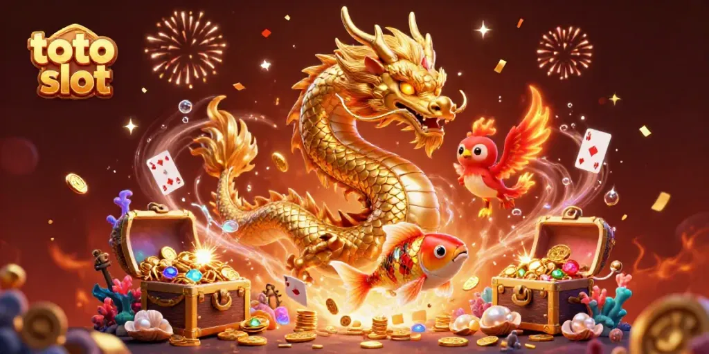 Menangkan jackpot dengan toto slot yang dipenuhi koin dan makhluk magis.