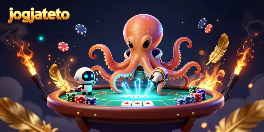 Engage with jogjatoto's thrilling alien casino scene featuring an octopus dealer operating a holographic poker table amidst vibrant cosmic elements.