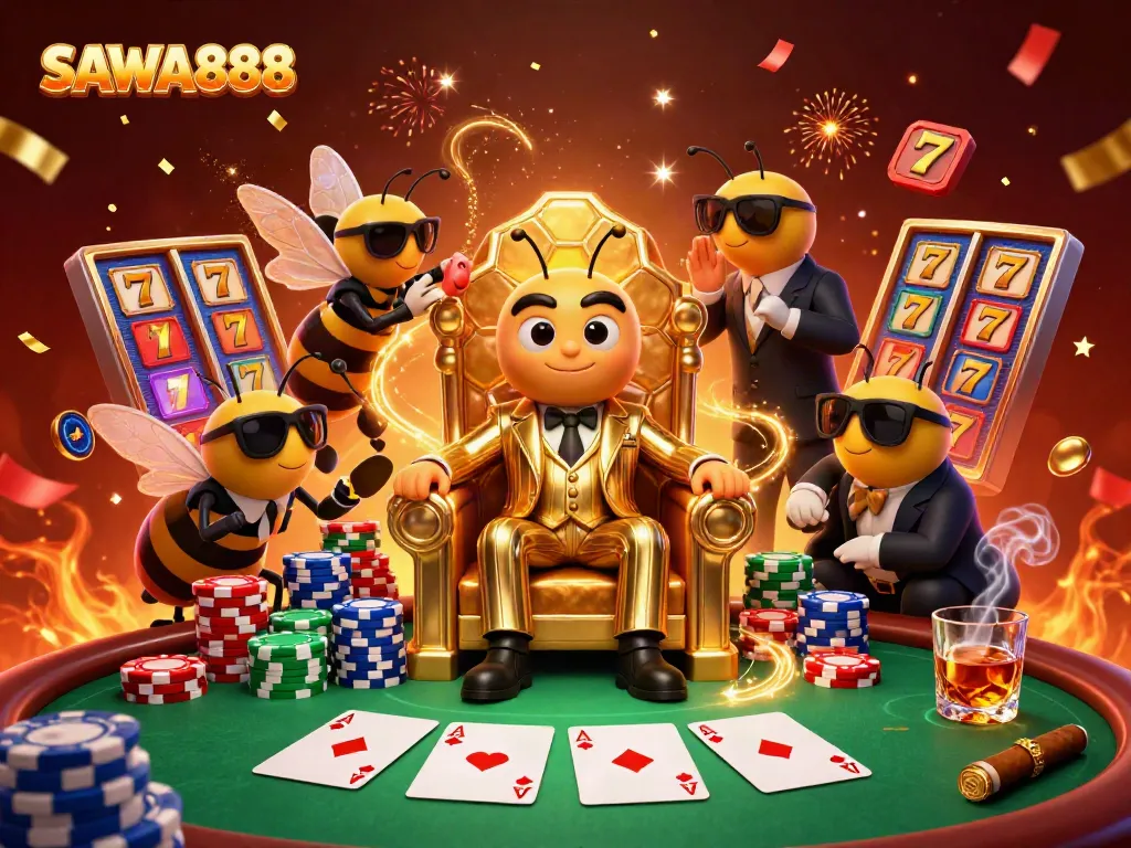 SAWA888 showcases a vibrant gambling scene featuring a bumblebee mob boss in a golden suit, surrounded by slot elements and poker chips.