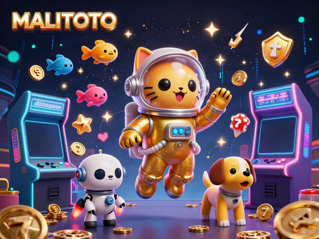 Experience thrilling gameplay with MALITOTO as a cat in a golden suit and robot dog companion explore vibrant casino elements.