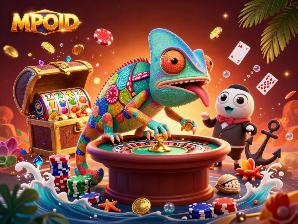 MPOID captures the excitement of winnings with a chameleon casino owner and vibrant game elements.