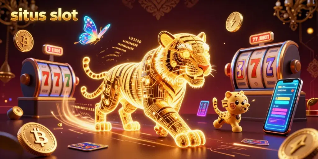 Menang jackpot di situs slot dengan simbol keberuntungan dan harta karun digital yang menyenangkan.
