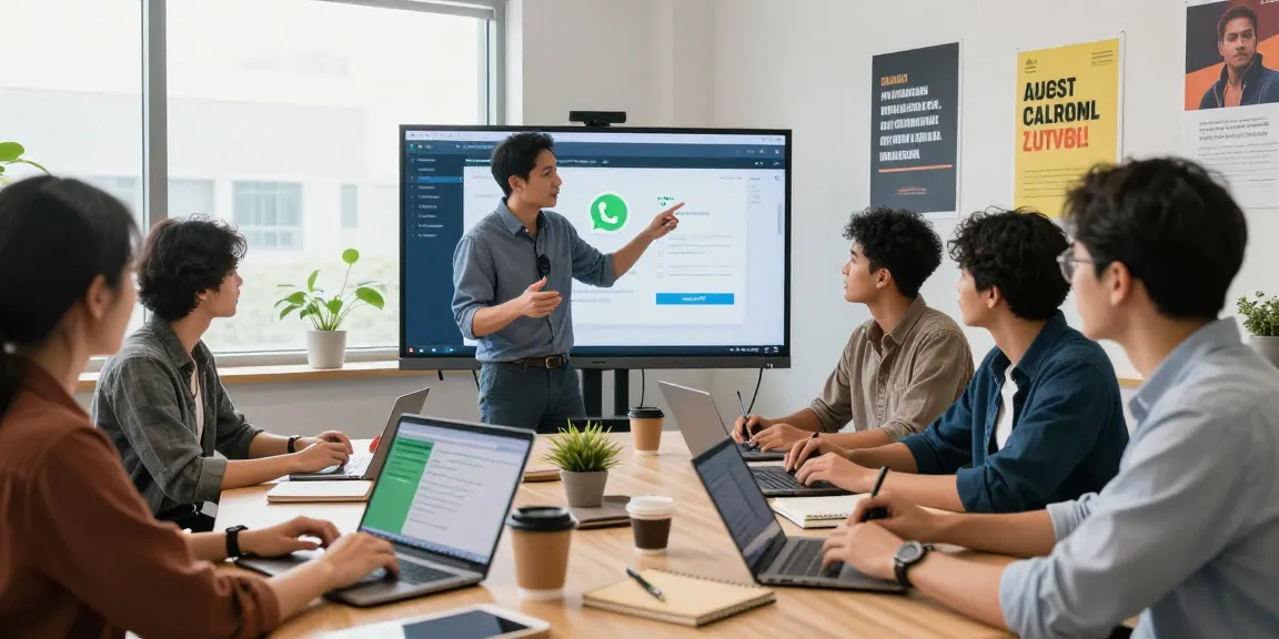 Team collaborating using WhatsApp網頁版 in a bright office setting.
