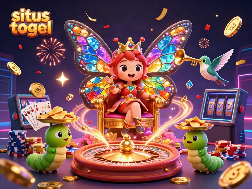 Watch as the butterfly queen reigns over a vibrant situs togel scene filled with golden coins and jackpots.