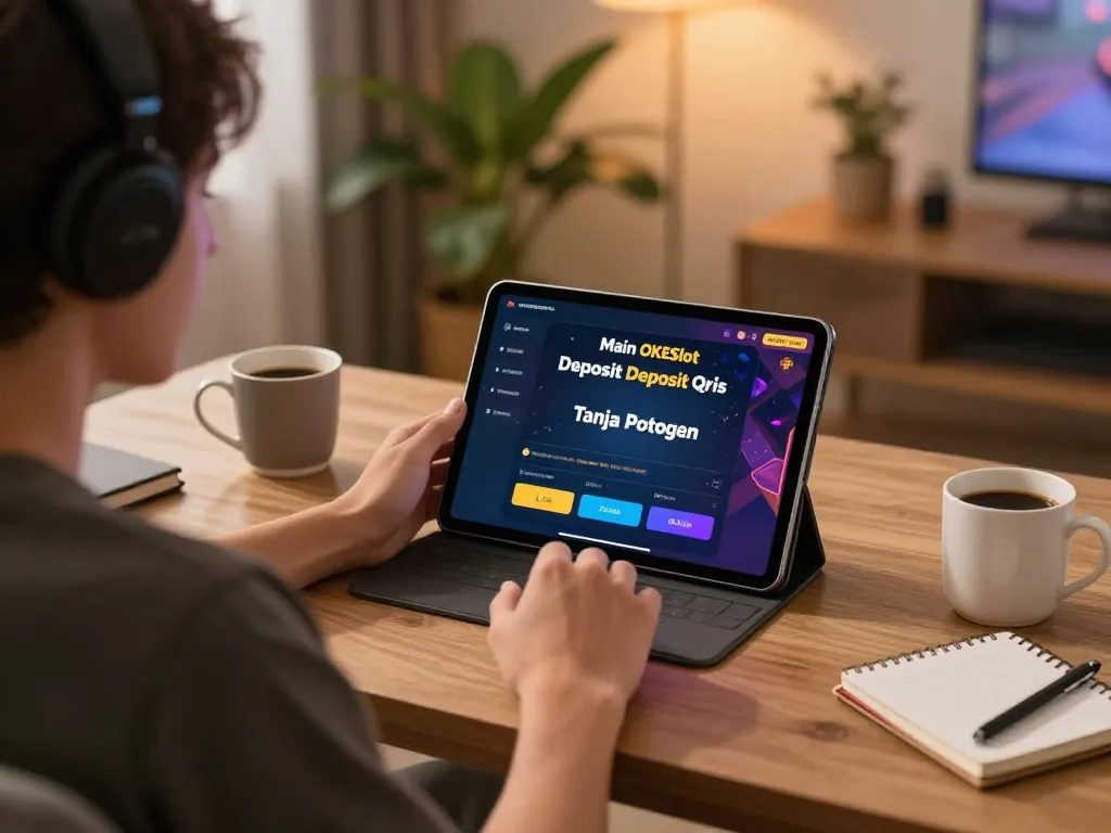 Main OKESlot Deposit Qris Tanpa Potongan showcasing online gaming strategies on a tablet at home.