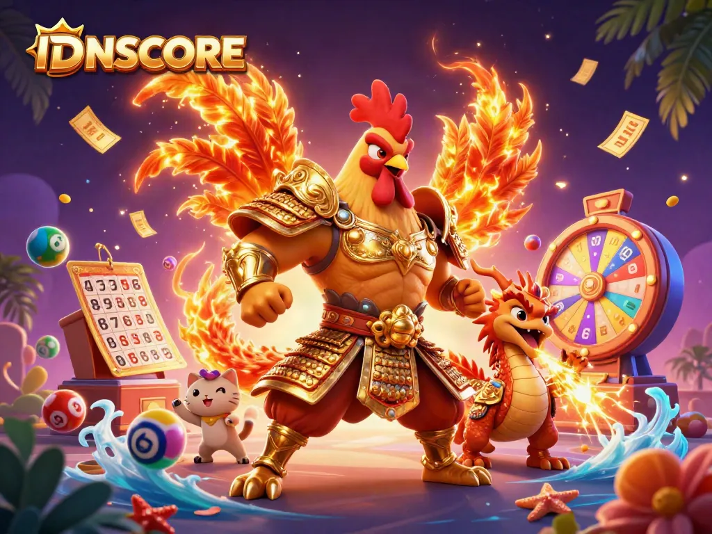 IDNSCORE showcases vibrant gambling excitement with cartoon warriors and dynamic game elements.
