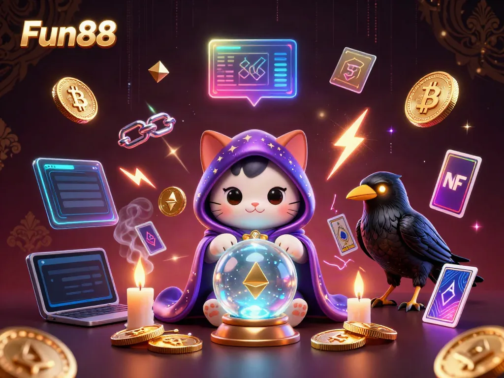 Experience thrilling moments at Fun88 with a mystical cat and raven in a vibrant casino-themed scene.