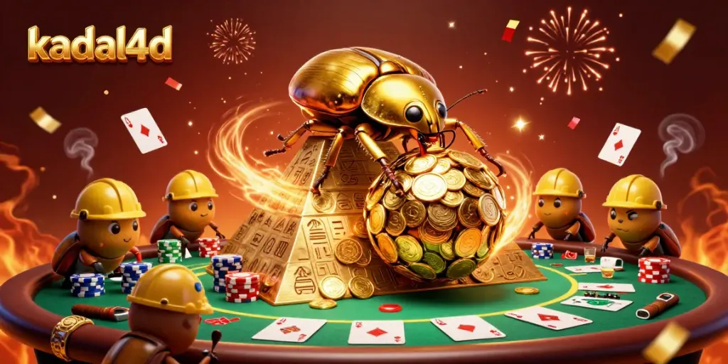 Join the thrilling adventure at kadal4d, featuring massive golden dung beetles with gold coins among poker elements and casino excitement.