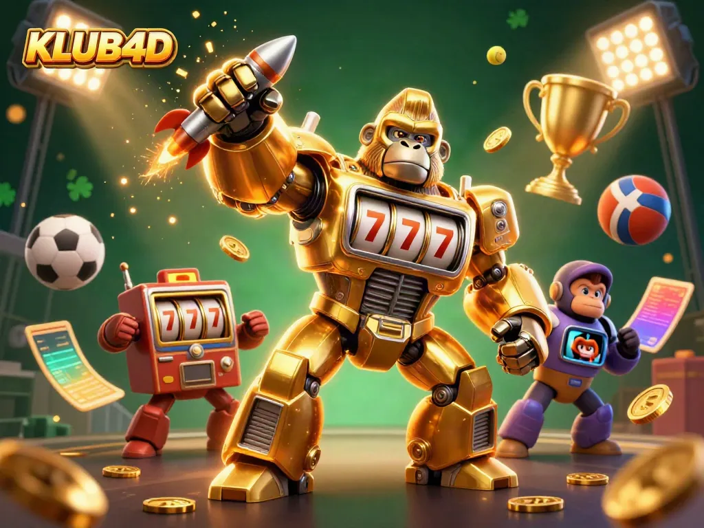 Menggertakan KLUB4D, ilustrasi 3D karakter gorilla emas mech dengan elemen kasino, bola olahraga, dan efek dramatis.