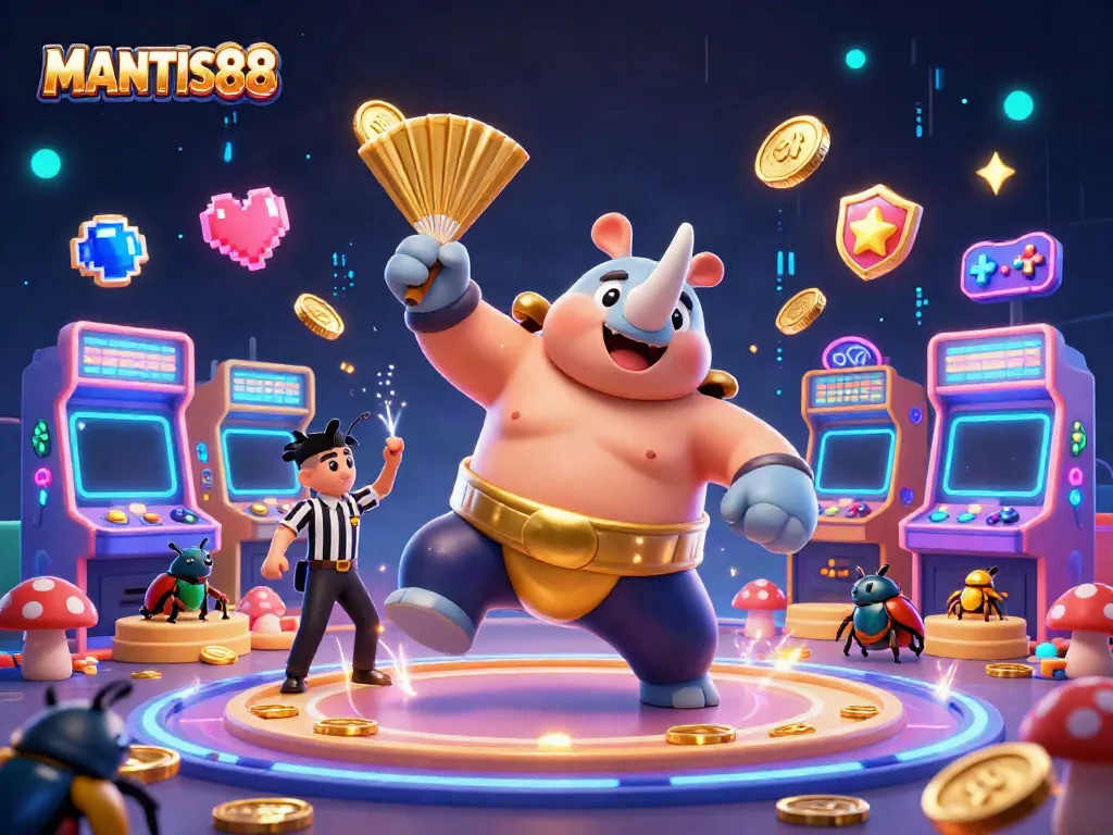 MANTIS88 showcases a powerful sumo champion beetle surrounded by vibrant arcade game elements in an energetic casino atmosphere.