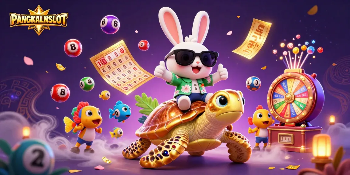 PANGKALANSLOT illustrates exciting slot action with a lucky rabbit and golden sea turtle in a vibrant casino scene.