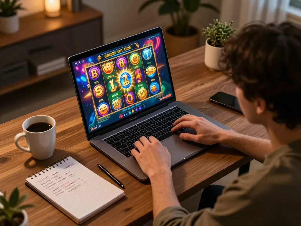 Engaging gameplay on a gacor slot game in a cozy home setup with laptop and betting notes.