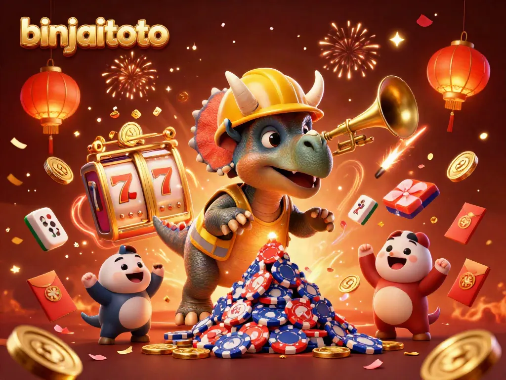 Melihat binjaitoto, triceratops membangun tumpukan chip poker sambil dirayakan dengan efek kembang api.