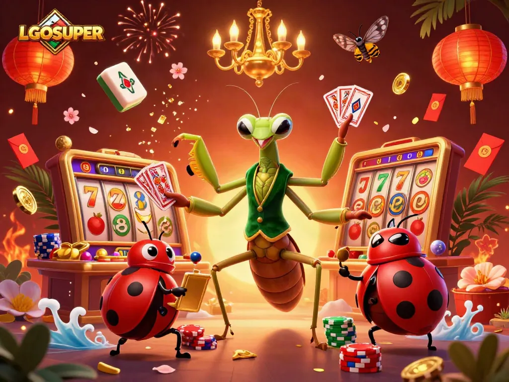 Engage with LGOSUPER's vibrant casino scene, featuring dynamic characters and slot game elements.