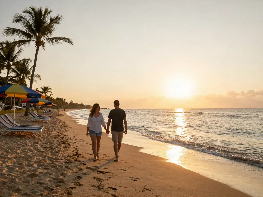 Pasangan berjalan di pantai saat matahari terbenam, mengingatkan pada pemandangan https://pakhoki.net/ yang menakjubkan.