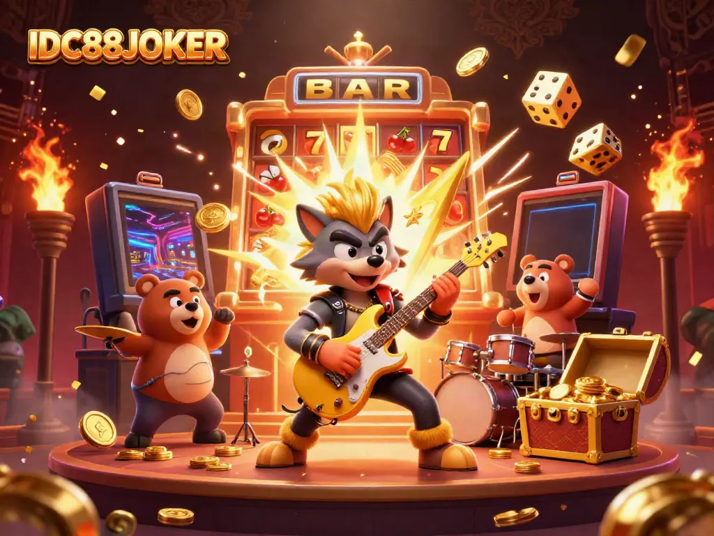 Experience casino excitement with IDC88JOKER as a rock star wolf and drummer bear create an electric atmosphere.