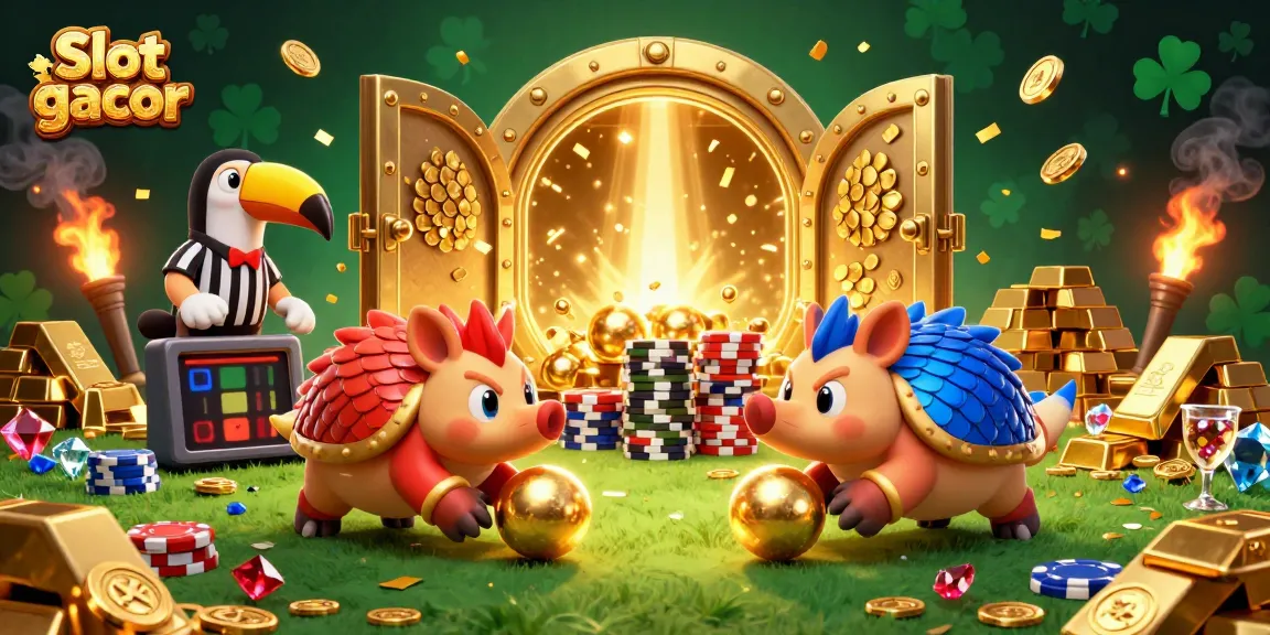 Experience thrilling action with Slot gacor as pangolins bowl through poker chips in this vibrant illustration.