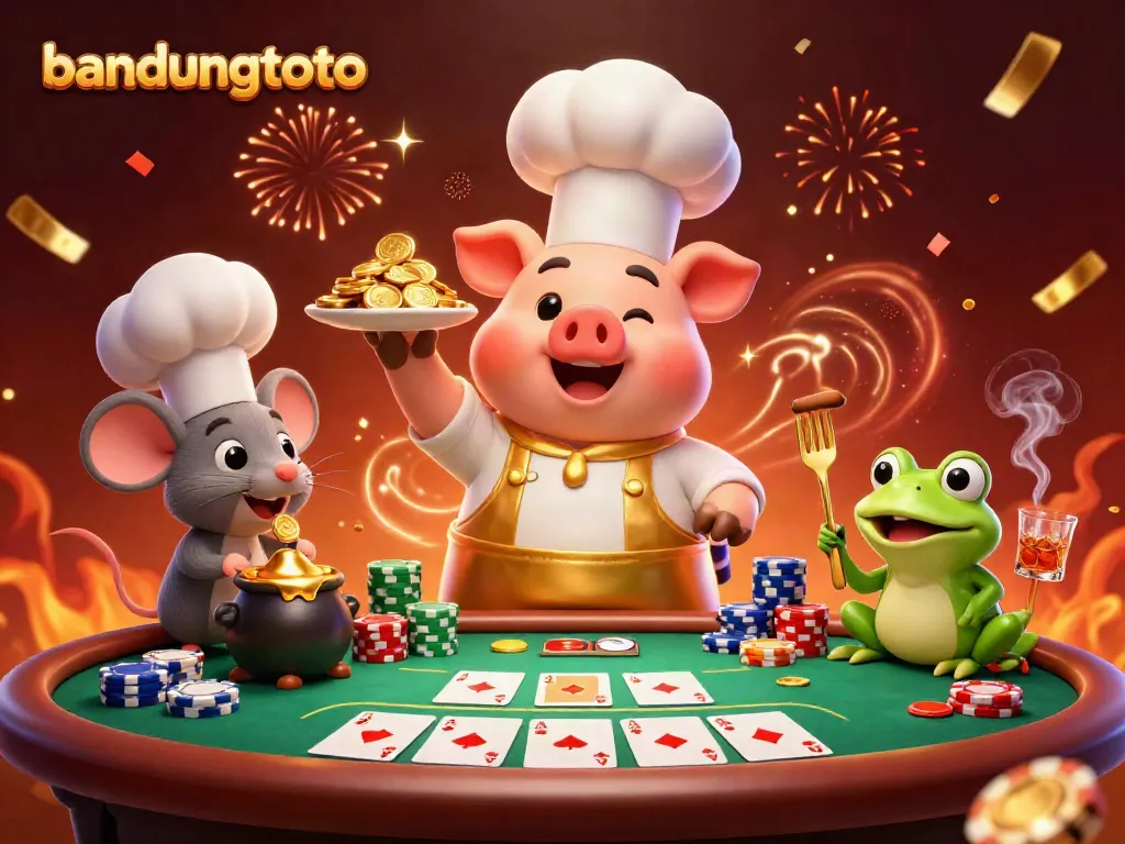 Experience the festive bandungtoto gaming scene with a chef pig serving golden coins amidst poker elements.