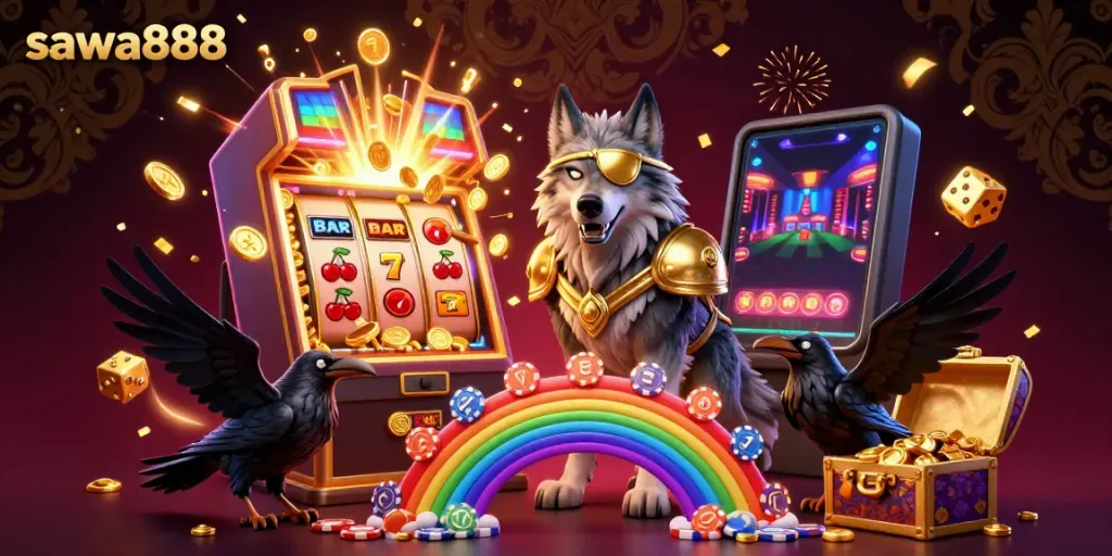 Experience the excitement of sawa888 with a dynamic 3D scene featuring Norse mythology elements and casino symbols.