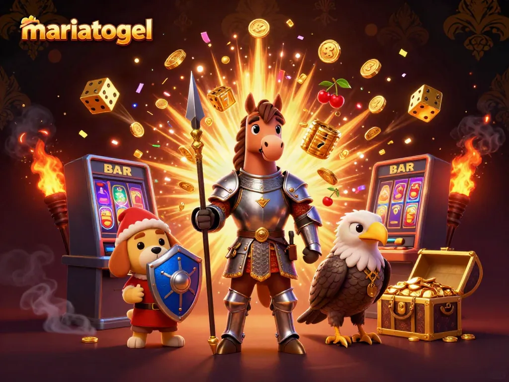 Experience the excitement of mariatogel with knights, a puppy, and dynamic casino elements surrounding them.