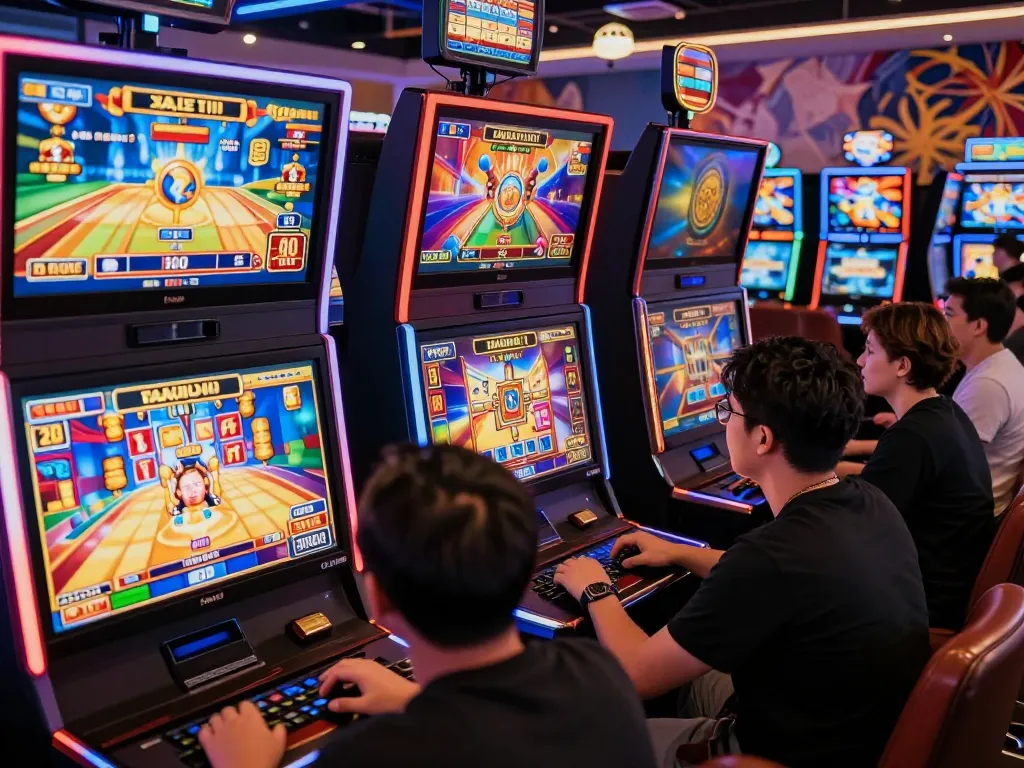 Para pemain menjelajahi permainan slot virus88 yang menarik di lingkungan lounge permainan modern yang cerah.