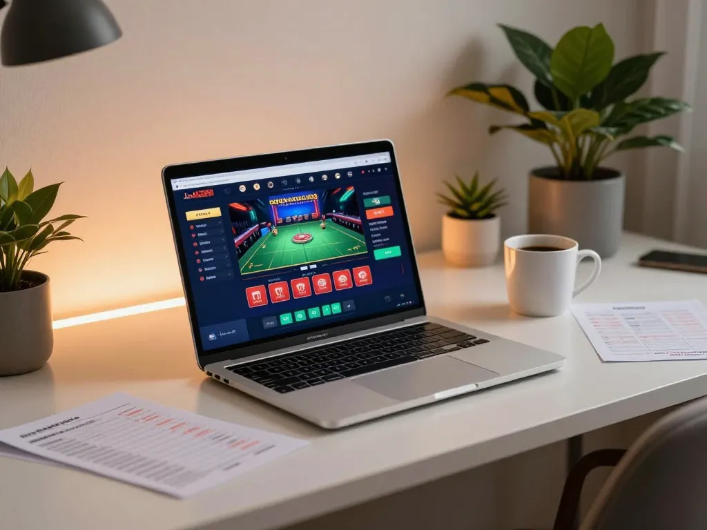 Juraganbola online gaming setup showcasing a laptop with casino interface and strategic notes.