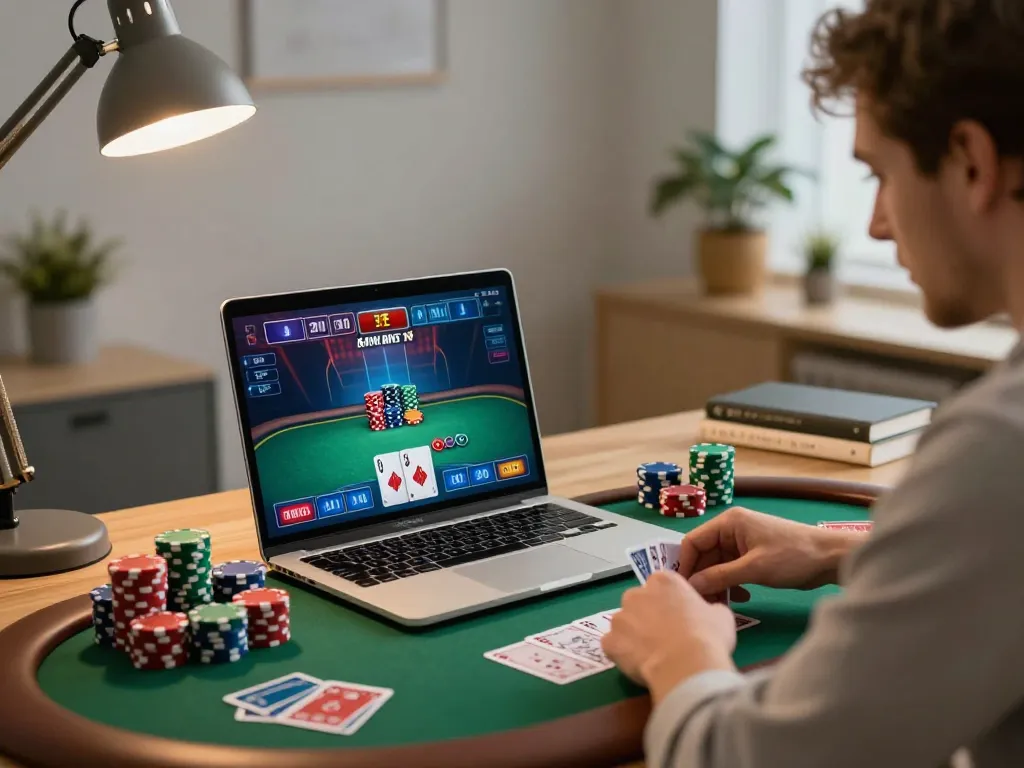 Engaging gameplay on situs gacor showcasing poker strategy on a home laptop.