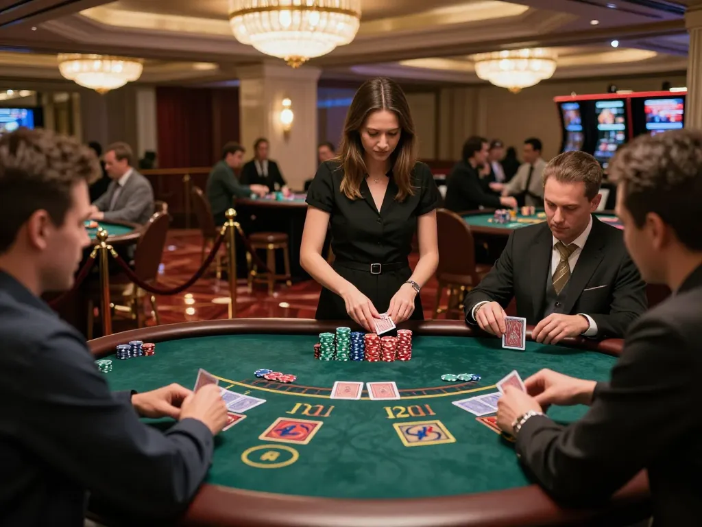 rokok88 players strategizing at an upscale blackjack table, engaging in exciting gameplay
