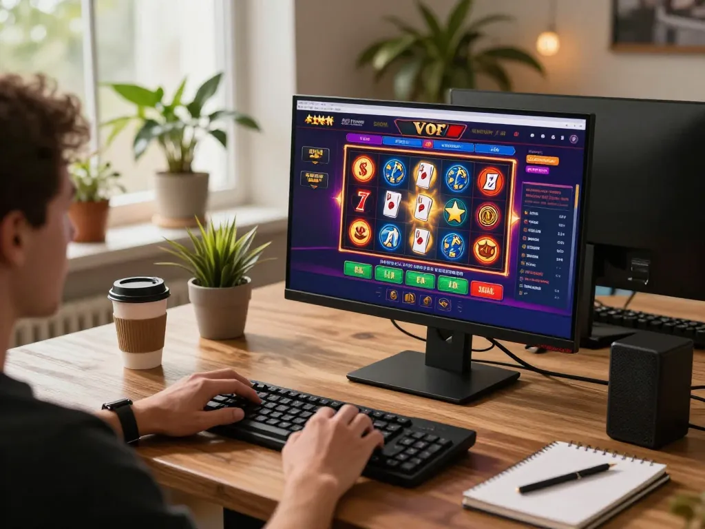 Engaging online gaming scene showcasing janadenole platform, vibrant casino interface on desktop with strategic notes nearby.