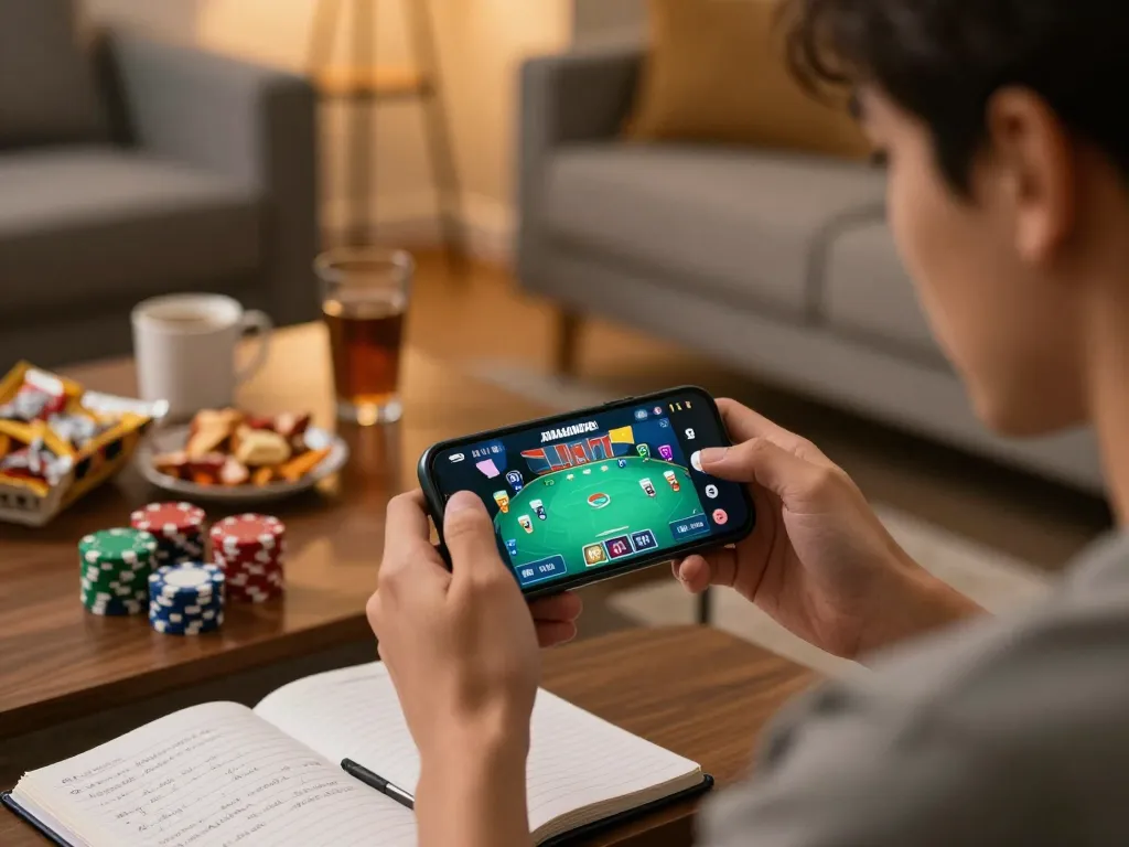 Player engaging with Juraganbola app on smartphone in cozy living room, showcasing online gambling atmosphere.