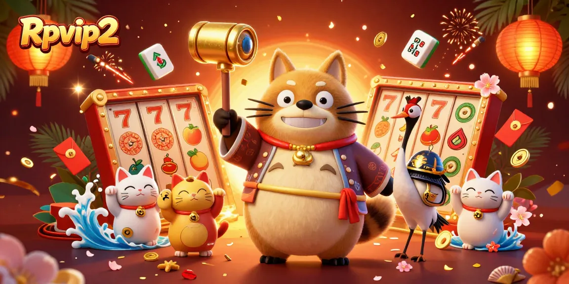 Rasakan sensasi Rpvip2 dengan ilustrasi 3D yang cerah menampilkan tanuki keberuntungan dan elemen kasino.