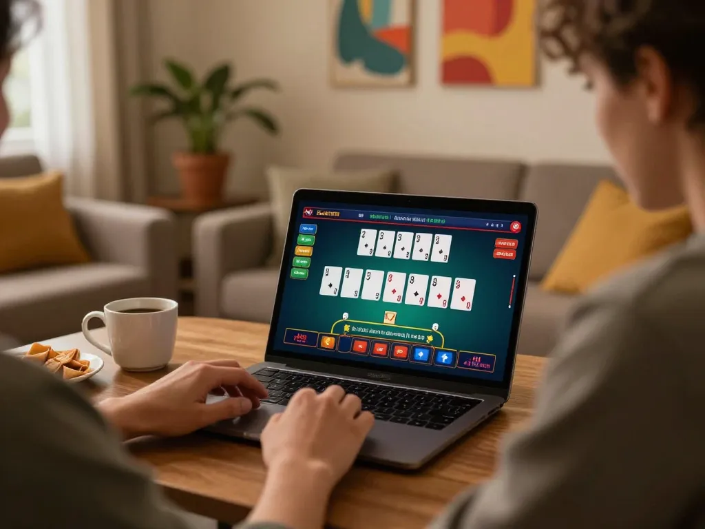 Experience online casino gaming with hwg500 in a cozy home setting, player engaged in a live Blackjack game.
