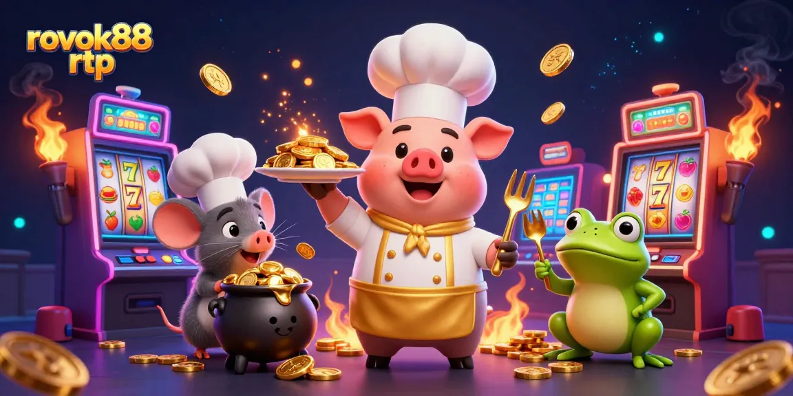 Experience thrilling wins with rokok88 rtp in this vibrant casino-themed illustration featuring a chef pig.