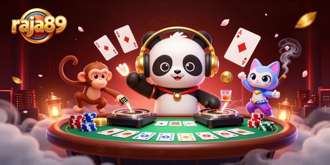 Engage in thrilling gameplay with raja89 at a lively casino featuring vibrant characters and game elements.