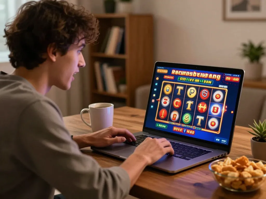 Main OKESlot Deposit Qris Tanpa Potongan dalam pengaturan permainan slot online yang menarik di rumah, menampilkan keseruan dan permainan strategis.