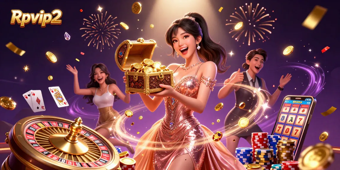 Rasakan sensasi permainan Rpvip2 dengan ilustrasi harta karun yang hidup dan elemen kasino.