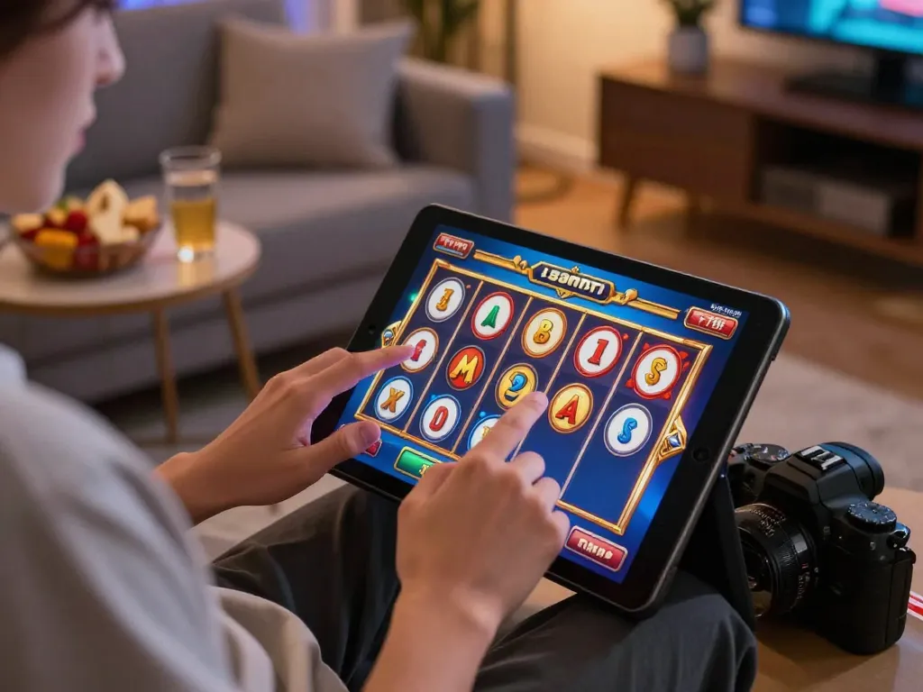 PULSASLOT SLOT ONLINE TERPERCAYA engaging in thrilling mobile slot gameplay from the comfort of home, showcasing interactive gaming