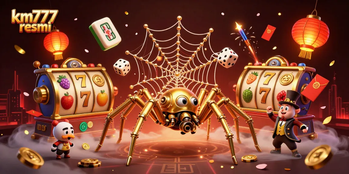 Engage with km777 resmi's exciting slot games featuring a golden spider and vibrant casino elements.